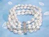four rows 5-6mm white rice freshwater pearl  bracelet with plated silver slide tube clasp