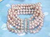 four rows 5-6mm pink potato freshwater pearl  bracelet with plated silver slide tube clasp