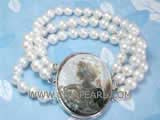 three rows 7-8mm white potato freshwater pearl bracelet with an exquisite oval shell cameo clasp