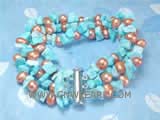 three rows 6-7mm champagne top drilled freshwater pearl bracelet  with blue irregular turquoise