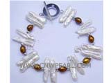 6-7mm navy green rice freshwater pearl  bracelet with white biwa pearl