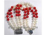 four rows 5-6mm white potato freshwater pearl  bracelet with red coral