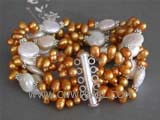 five rows 6mm gold side drilled freshwater pearl bracelet with coin freshwater pearls