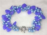 three rows 6mm sky blue potato freshwater pearl twisted bracelet  with bright blue crystal