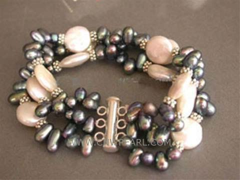 three rows 6mm black potato freshwater pearl bracelet