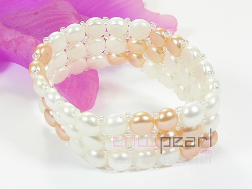 three rows 7mm white and pink button freshwater pearl stretch bracelet