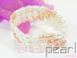 three rows 7mm white and pink button freshwater pearl stretch bracelet