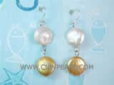 12mm white and yellow coin freshwater pearl dangling earrings