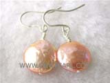 12mm pink coin freshwater pearl dangling earrings