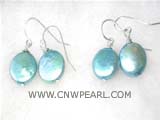 12mm light blue coin freshwater pearl dangling earrings
