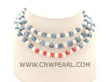three rows 6-7mm white potato freshwater pearl necklace with blue nugget freshwater pearl beads and red coral beads
