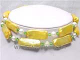 two rows 10-23mm yellow oblong freshwater pearl necklace with white round pearl beads