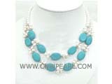 two rows 6-7mm white round freshwater pearl necklace with 12-20mm blue potato turquoise beads