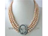 three rows 9-10mm pink potato freshwater pearl necklace with a agate carved clasp