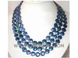 three rows 12mm dark blue coin freshwater pearl necklace with a shell clasp