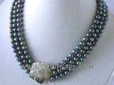 three rows 9-10mm gray round freshwater pearl necklace with a flower shape shell clasp
