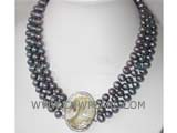 three rows 10-11mm black potato freshwater pearl necklace with shell carved clasp
