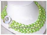 three rows11-12mm light green irregular freshwater pearl necklace with a mabe pearl clasp