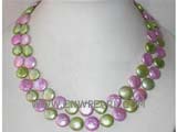 double rows 12mm green and purple coin freshwater pearl necklace with a metal clasp