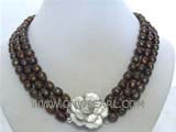 four rows 10-12mm brown potato freshwater pearl necklace with a flower shape shell clasp