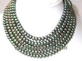 five rows 8mm olive green bread freshwater pearl necklace with sterling silver clasp