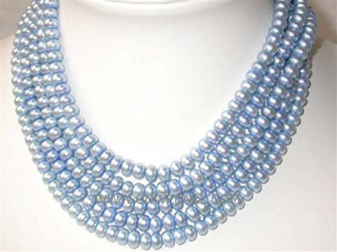 five rows 8mm light blue bread freshwater pearl necklace with a sterling silver clasp