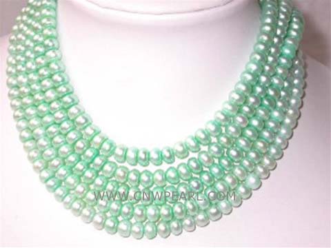 five rows 8mm aqua bread freshwater pearl necklace with a sterling silver clasp