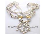 three rows 7-8mm white nugget freshwater pearl necklace with 3-4mm round pearl beads