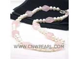 7-8mm white bread freshwater pearl necklace with pink faceted crystals