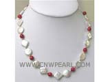 white coin and rectangle freshwater pearl necklace with 7mm red round coral beads