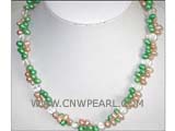 7-8mm pink and green top-drill freshwater pearl necklace with transparent crystal beads
