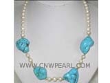 6-7mm white round freshwater pearl necklace with 22-35mm blue turquoise beads