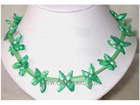 8-14mm green blister freshwater pearl necklace with  rectangle shell beads