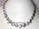 12mm dark gray coin freshwater pearl necklace with a plated gold fish clasp