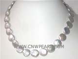 12mm white coin freshwater pearl necklace with a plated gold fish clasp