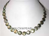 12mm olive green coin freshwater pearl necklace with a plated gold fish clasp
