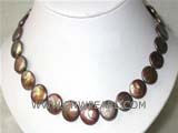 12mm coffee coin freshwater pearl necklace with a plated gold fish clasp