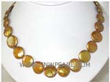 12mm saddle brown coin freshwater pearl necklace with a plated gold fish clasp