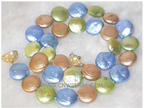12mm multicolor coin freshwater pearl necklace with a plated gold fish clasp