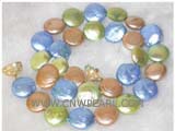 12mm multicolor coin freshwater pearl necklace with a plated gold fish clasp