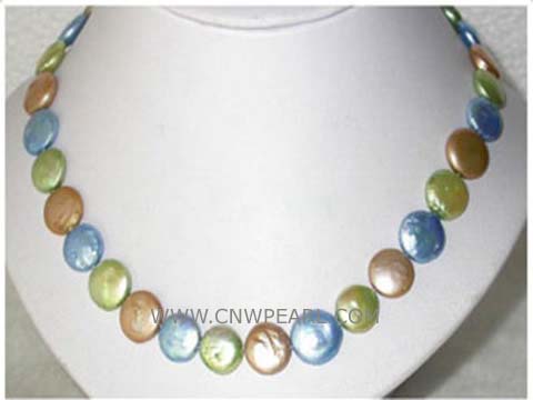 12mm multicolor coin freshwater pearl necklace with a plated gold fish clasp