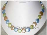 12mm multicolor coin freshwater pearl necklace with a plated gold fish clasp
