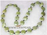 12mm green coin freshwater pearl necklace with a plated gold fish clasp