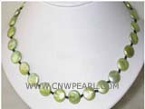 12mm green coin freshwater pearl necklace with a plated gold fish clasp