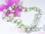 double rows 10mm white coin freshwater pearl necklace with green nugget pearl and crystal