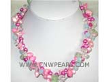 three rows 7-8mm multicolor half drilled  freshwater pearl  necklace with irregular crystal beads