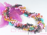 five rows 6-12mm multicolor top drilled freshwater pearl twisted necklace with green crystal