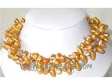 three rows 7-8mm golden top drilled freshwater pearl necklace with white crystal