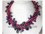 four rows 8mm wine red nugget freshwater pearl necklace with amethyst