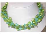 three rows 12mm green coin freshwater pearl necklace with blue crystal